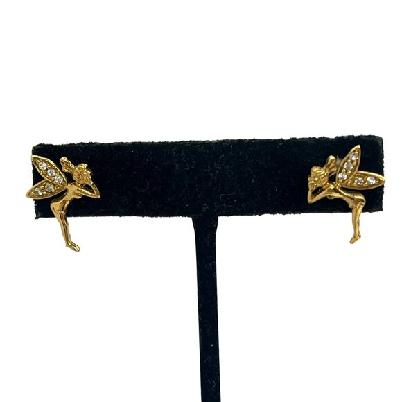 VINTAGE GOLD TONE FAIRY PIXIE STUD EARRINGS RHINESTONE WINGS WHIMSICAL CUTE - Picture 3 of 14